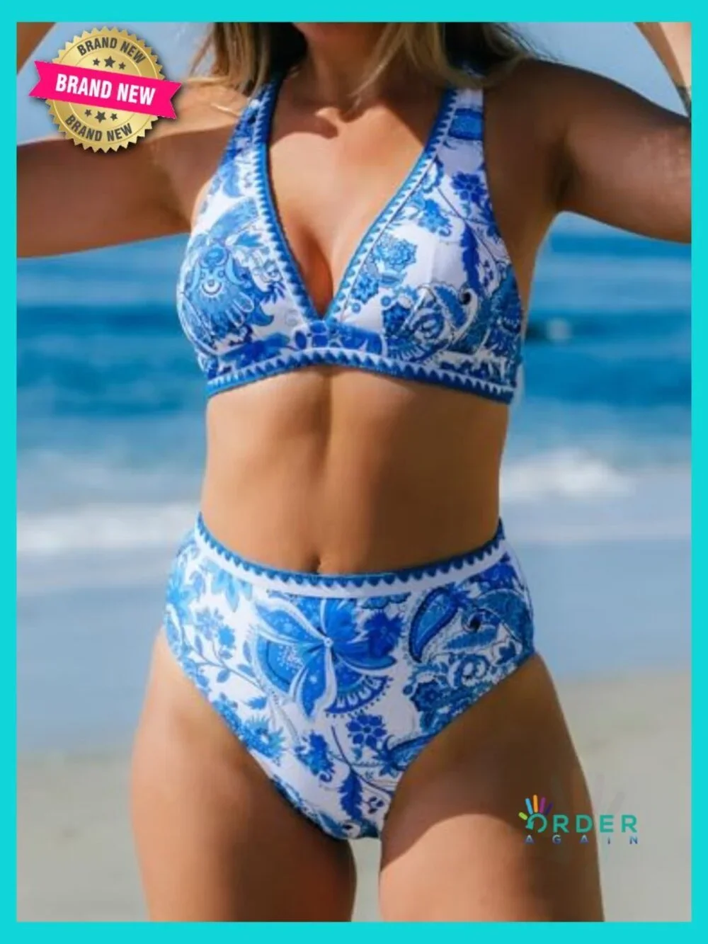 V Neck Crisscross Back High Waisted Bikini Set Removable Cups UPF 50+